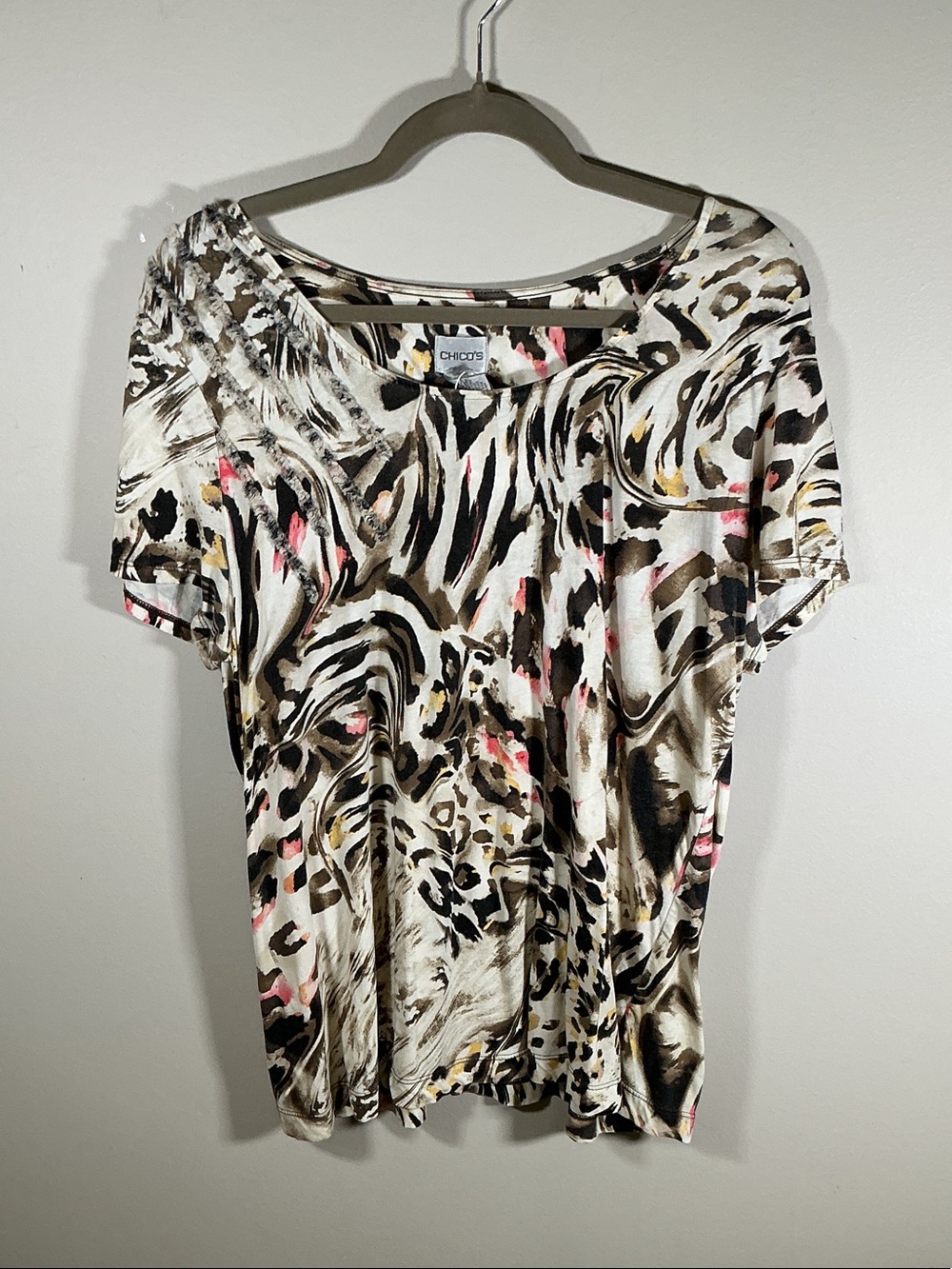 Chico’s Animal Print Embellished Top Size 2 Neutral Mixed Print Blouse